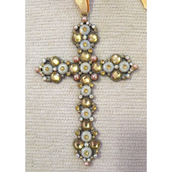 Beaded Cross Ornament With Gold & Pearl Accents On Ribbon Hanger For Wall 5"H - Picture 3 of 5
